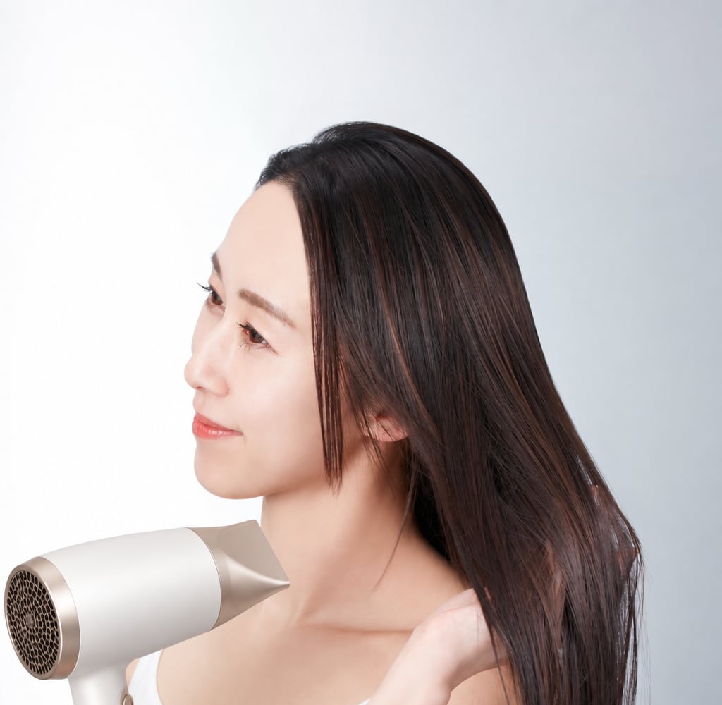 ドライヤーで髪を乾かす女性
